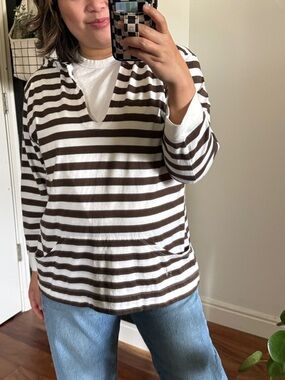 Chicos Pima Cotton Striped Hooded Top. Size L